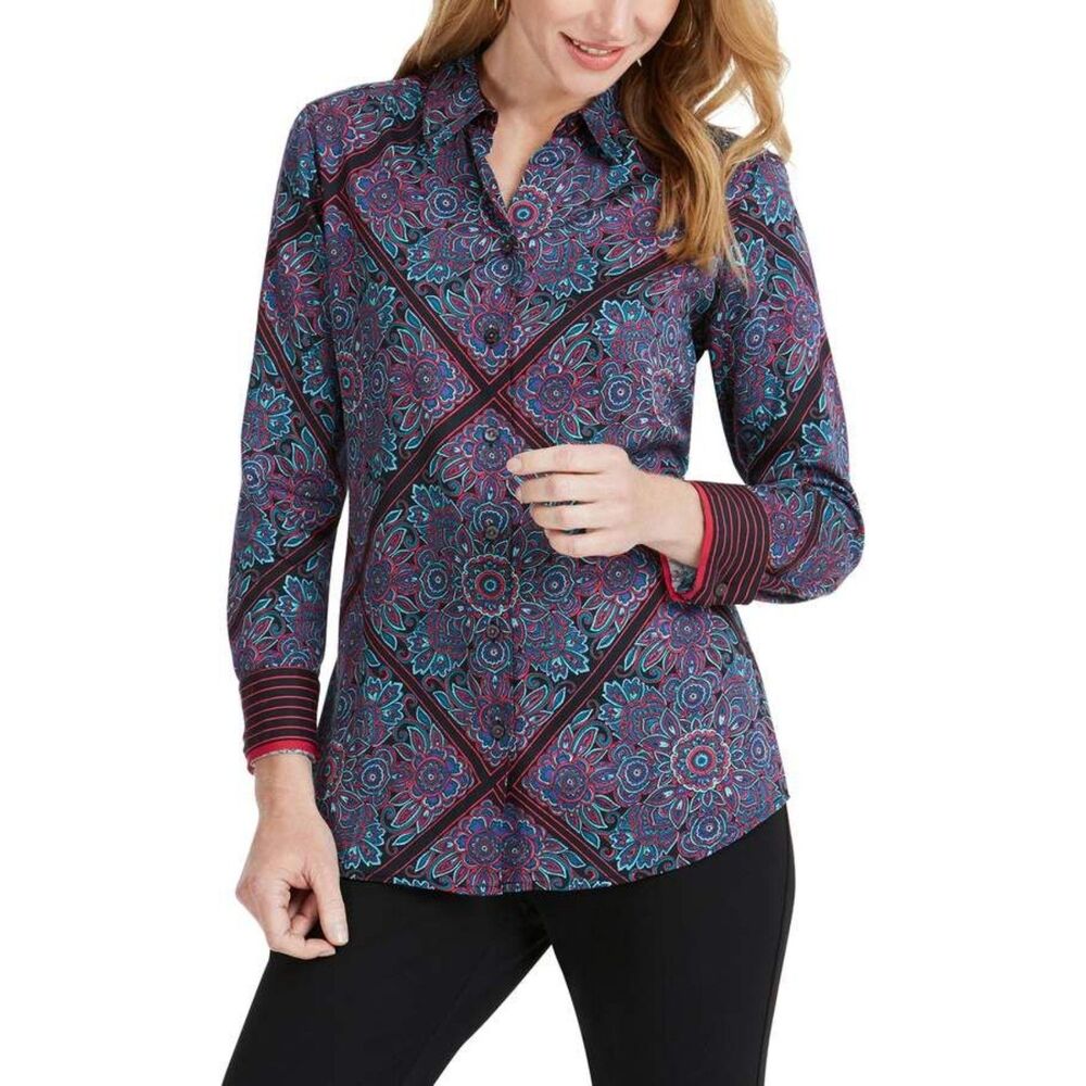 Foxcroft‎ Womens Button Up Shirt 3X Purple Pink Paisley Diamond Wrinkle Free